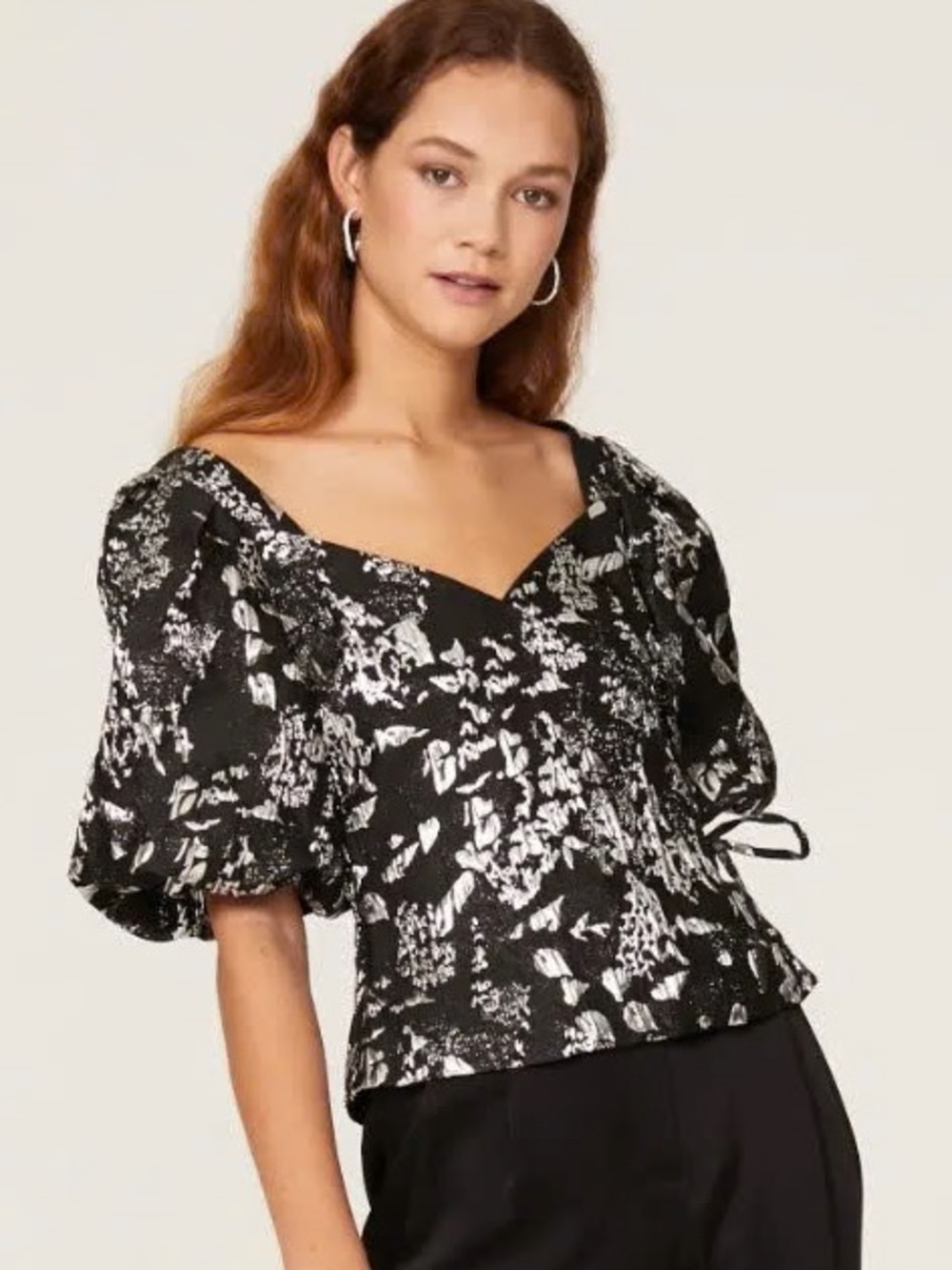 Jonathan Simkhai Taylor Top Blouse Bow Silver Black Metallic Puff Sleeve Wrap